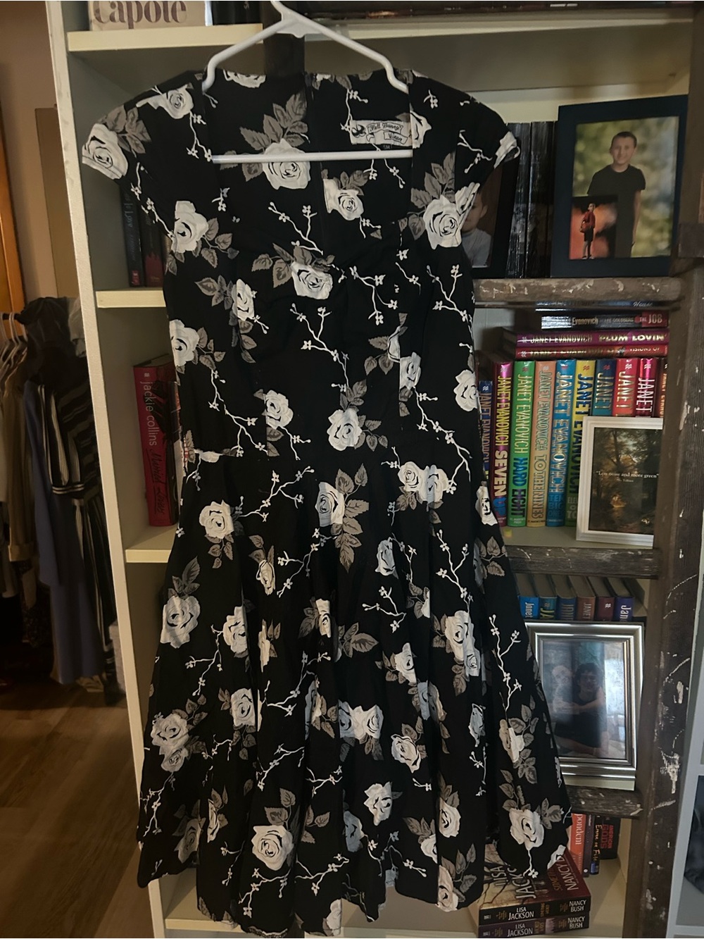 Hell Bunny Black and White Rose Fit-and-Flare Mini Dress